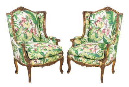 Louis XV Style Giltwood Bergere, Pair