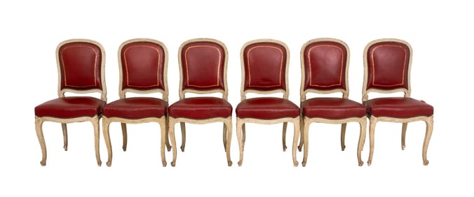 Louis XV Style Red Leather Dining Chairs, 6