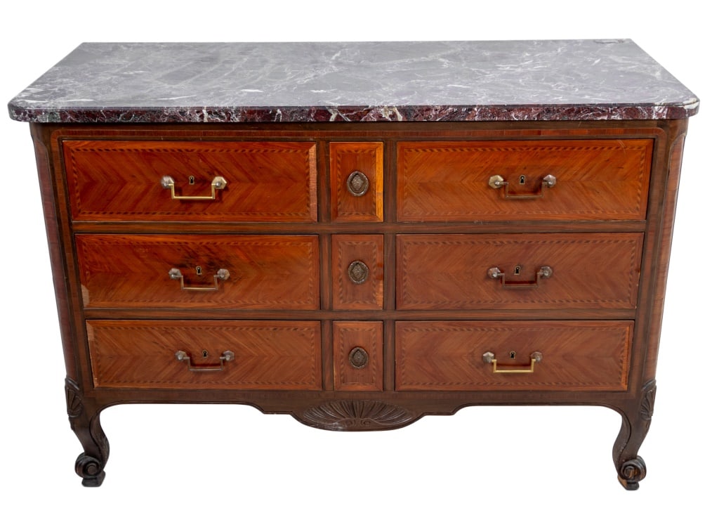 Louis XV Style Tulipwood Rouge Marble Top Commode: Louis XV Style Tulipwood and Crossbanded Rouge Marble Top Commode, late 19th century, retailed by A. Mailfert, Orleans, the rounded rectangular molded marble top above an arrangement of six drawers on