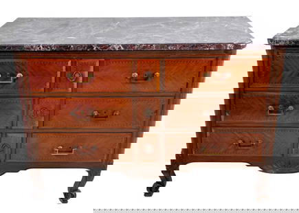 Louis XV Style Tulipwood Rouge Marble Top Commode: Louis XV Style Tulipwood and Crossbanded Rouge Marble Top Commode, late 19th century, retailed by A. Mailfert, Orleans, the rounded rectangular molded marble top above an arrangement of six drawers on
