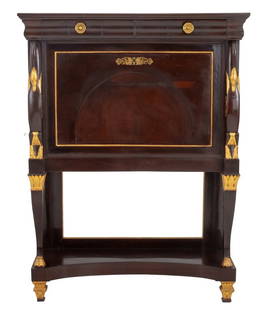 Empire Style Parcel Gilt and Walnut Cabinet: Empire Style Parcel Gilt and Walnut Cabinet on Stand, late 19th century, the rectangular top above a bolection frieze drawer, below a fall front, flanked by swan form pilasters, the stand on scrolled
