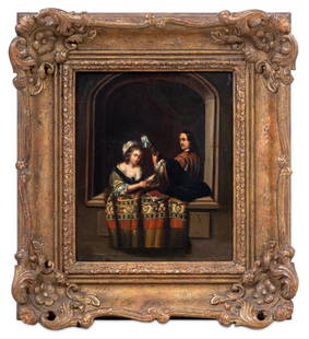 Caspar Netscher Lute Player & Woman Oil on Tin: After Caspar Netscher (Dutch, 1634-1689), Lute Player and Woman Reading, Oil on Tin Panel, late 19th century, after the original painted in 1685, illegibly signed "F Meiur (?)" lower right, inscribed