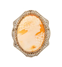 14K Yellow Gold Carved Shell Cameo Pin Pendant