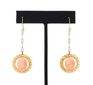 14K Yellow Gold Pink Coral Drop Earrings