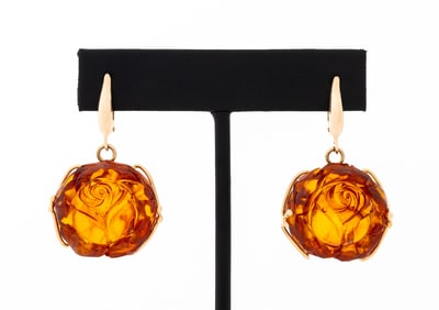 14K Yellow Gold Carved Amber Floral Motif Earrings