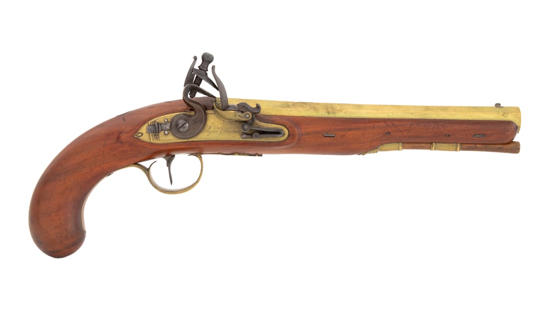 Ryan & Watson Brass Barrel Flintlock Pistol: Ryan and Watson of London Brass Barrel Flintlock Holster Pistol, marked. 14.75" L x 6" W x 2" D. Provenance: From a New York City Collection. Keywords: English Pistol, Firearms, Antique Guns, Arms and