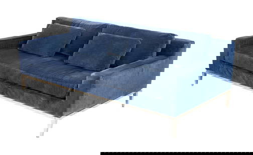 Restoration Hardware Blue Velvet Upholstered Sofa: Restoration Hardware Blue Velvet Upholstered Sofa, on chrome-plated metal base with four tapered legs. 31" H x 84" W x 42" D; seat: 19" H. Provenance: From a New York City Area Collection. Keywords: C