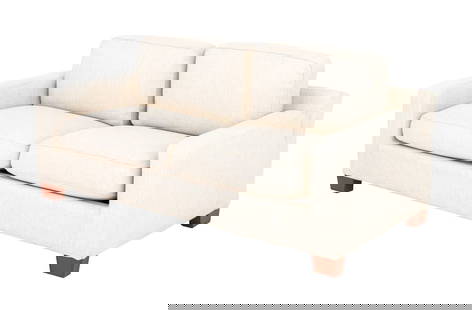 Rossi di Albizatte Beige Linen Upholstered Sofa: Rossi di Albizzate Beige Linen Upholstered Sofa, designed by Mario Mazzer, on red leather covered block feet, with "Avana / design mario mazzer / rossi di albizzate" label to underside. 30" H x 70.5"