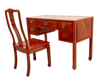 Asian Modern Style Walnut Desk and Chair