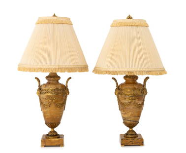 Louis XVI Style Sienna Marble Vases as Lamps, Pair: Pair of Louis XVI Style Ormolu Mounted Sienna Marble Vases Mounted as Lamps, with two handles with figure head and garland motif mounted on rectangular bases. Overall: 37" H x 20" Diameter. Provenance