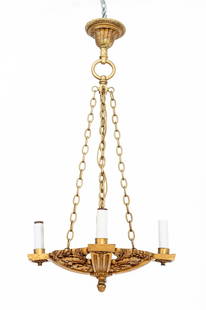 Neoclassical Style Gilt Bronze Chandelier: Neoclassical Style Gilt Bronze Four-Light Chandelier, with acanthus leaf and fluted column motif. 35" H x 18" W x 18" D. Provenance: From a New York City Collection. Keywords: Lighting, Hanging ceilin