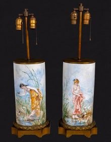 Prevost French Cylindrical Porcelain Lamps, Pair