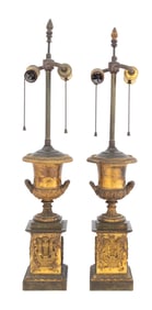 Empire Style Gilt Bronze Urn Form Lamps, Pair