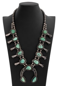 Navajo Silver Turquoise Squash Blossom Necklace