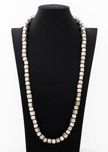 Mexican Modernist Sterling Silver Bead Necklace: Mexican Modernist Sterling Silver Bead Necklace, featuring alternating silver cubes and balls strung on silver link chain necklace, joined by box and tongue clasp, marked: "TJ-47 925 MEXICO". Measurin