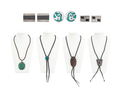 Sterling Silver Bolo Ties and Cuff Links, 7: Collection of Seven Sterling Silver Bolo Ties and Cuff Links, four bolo ties and three pairs of cuff links, comprising: rectangular cuff links with black stone stamped with Taxco Mexico 925 marks, rec