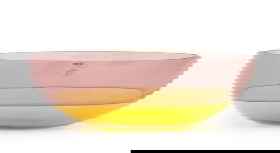 Barbini Murano Art Glass Centerpiece Bowl: Barbini Murano Art Glass Centerpiece Bowl, purple and amber glass, with etched "Barbini / Murano" mark to underside and "Barbini / murano" and "eseguito a mano / vetro sonoro" labels. 5.25" H x 16" Di