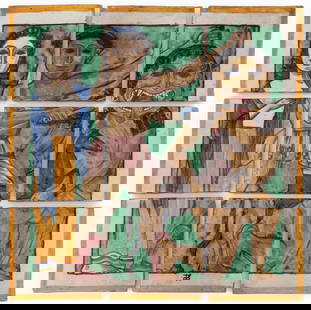 Majolica Tile Tableau of Perseus and Medusa, 9: Majolica Tile Tableau of Perseus and Medusa, nine tiles in grid forming composition of Perseus beheading Medusa, with Andromeda and Pegasus behind, artist's mark to low center tile, each numbered to r