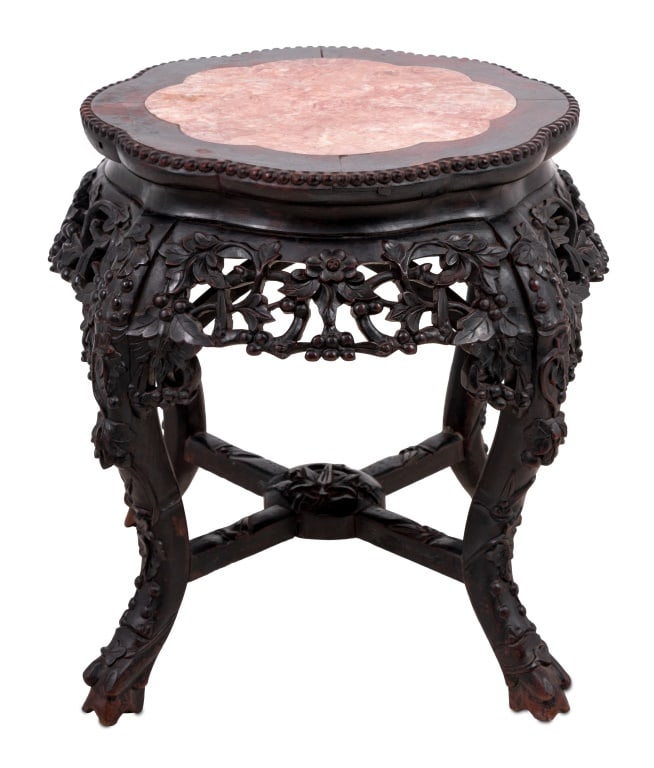 Chinese Hardwood and Marble Low Pedestal Table (1 of 4)