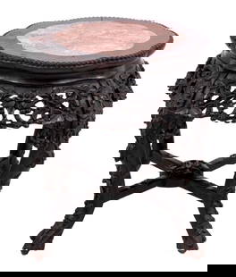 Chinese Hardwood and Marble Low Pedestal Table: Chinese Carved Hardwood and Marble Low Pedestal Table, late 19th century, the lobed inset top above a carved frieze on scrolled legs, joined by an X-form stretcher. 19.5" H x 18" W x 18" D. Keywords: