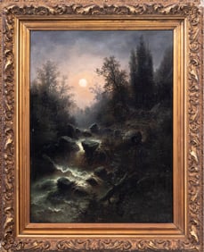 Albert Rieger Moonlit River Scene Oil on Canvas