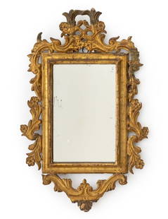 Baroque Style Giltwood Mirror, 18th C.: Baroque Style Giltwood Mirror, late 18th century, with scroll and flower form motif. Mirror: 13.75" H x 8.75" W; frame: 28.5" H x 18.25" W x 1.5" D. Provenance: From a Greenwich, Connecticut Collectio