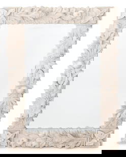 Pinecone & Fruit Motif Stone Composition Mirror: Pinecone and Fruit Motif Stone Composition Wall Mirror, with beveled glass. Mirror plate: 36.75" H x 25" W; frame: 48" H x 37" W x 3.25" D. Provenance: From an East 81st Street New York City Estate. K
