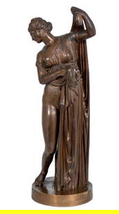 Italian "Bathing Venus" Patinated Bronze Sculpture: Italian "The Bathing Venus" Patinated Bronze Sculpture, late 19th century, cast by Fonderi Nelli Roma, the standing figure removing her elaborate robe on a circular base, stamped "Fonderia Nelli / Rom