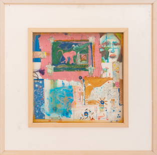 Eva Bouzard-Hui "Evolutions Book Mark" Mixed Media: Eva Bouzard-Hui (American, 1936-2023) "Evolutions Book Mark", Mixed Media on Paper and Glass, 1994, signed in pencil and dated "94" lower right, label with title and signature to verso, wood shadow bo
