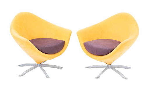 Giorgio Saporiti x Il Loft Swivel Armchairs, Pr.: Pair of Giorgio Saporiti for Il Loft Italian Postmodern "Astra" Swivel Armchairs, metal legs and valcana upholstery. 31" H x 30" W x 30" D; seat 17" H. Provenance: From a Vintage Collection of Italian