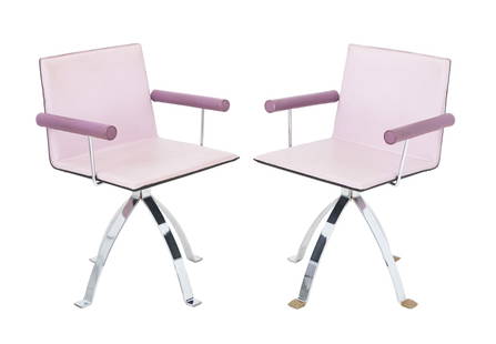 Il Loft Italian Postmodern Swivel Armchairs, Pr.: Pair of Il Loft Italian Postmodern "Hils" Swivel Arm Chairs, chrome legs and lilac leather upholstery. 33" H x 22" W x 22" D; seat 19" H. Provenance: From a Vintage Collection of Italian Designer Furn