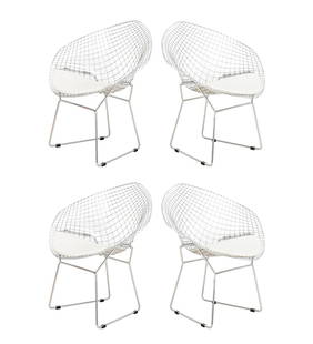 Harry Bertoia Diamond Wire Chairs, 4: Set of Four Harry Bertoia Diamond Wire Chairs, Steel Wire Mesh Frame, unmarked, with white leather upholstered seat cushions. 32" H x 33" W x 28" D; seat 15" H. Provenance: From a New York City Area C