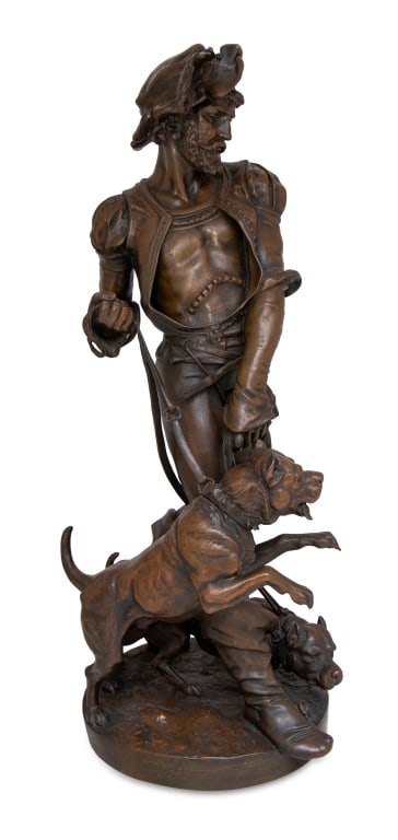 Henri Ple "Le Piqueux" Patinated Bronze: Henri Honore Ple (French, 1853-1922) "Le Piqueux" Patinated Bronze Sculpture, late 19th century, depicting a huntsman and his hounds, on a circular base, signed "Henri Ple". 31" H x 12" W x 13" D. Key