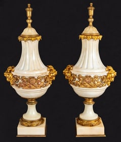 Louis XVI Style Gilt Bronze and Marble Urns, Pair