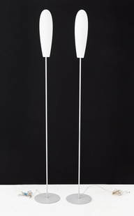 Itre Firme di Vetro Murano Glass Floor Lamp, Pair: Pair of Itre Firme di Vetro Murano Glass Floor Lamps, with "Made in Italy" labels to frosted white glass shades. 78.5" H x 11" Diameter. Provenance: From a Vintage Collection of Italian Designer Furni
