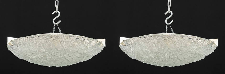 Kaiser Leuchten Glass Flush Mount Ceiling Light, 2: Pair of Kaiser Leuchten Glass Flush Mount Ceiling Lights, with tree bark texture, silver-tone hardware, three light sockets. 4" H x 20" Diameter. Provenance: From a New York City Collection. Keywords:
