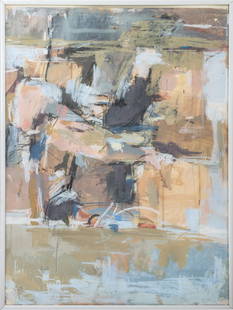 Gina Novet Abstract Composition Gouache, 1976: Gina Novet (American, XX), Abstract Composition, Gouache on Paper, 1976-1977, apparently unsigned, Art Students League of New York label to verso, silver metal frame. Image: 23.75" H x 17.5" W; frame: