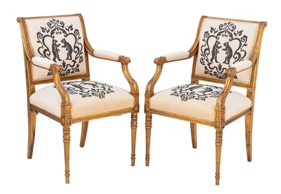 Louis XVI Style Giltwood Fauteuils, Pair