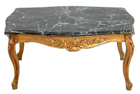 Louis XV Style Giltwood and Marble Coffee Table: Louis XV Style Giltwood and Marble Top Coffee Table, 20th century, molded serpentine shaped green marble top above a conforming base on cabriole legs. 18" H x 35" W x 24" D. Keywords: European Furnitu