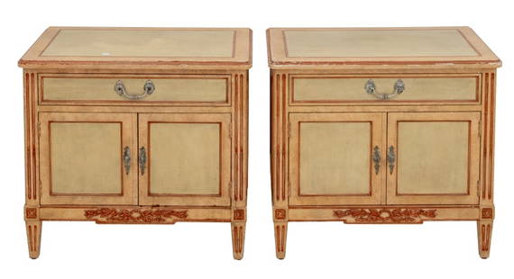 Baker Louis XVI Style Painted Cabinets, Pair: Pair of Baker Furniture Louis XVI Style Paint-Decorated Bedside Cabinets, each with single drawer and two-door cabinet with one interior shelf, four fluted tapered legs, silver-tone plaque to interior