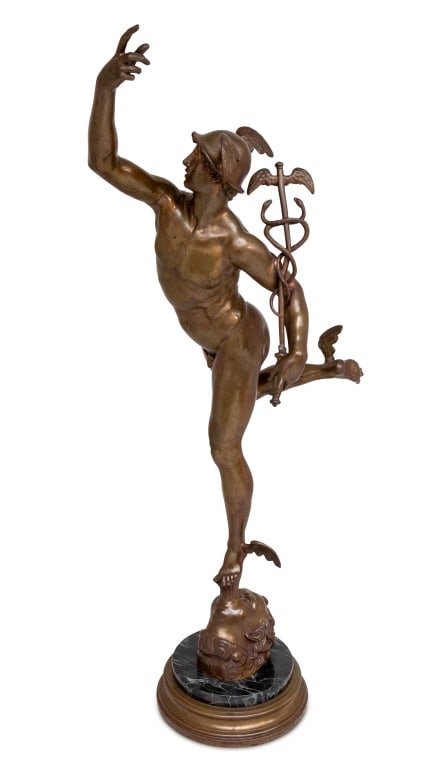 After Giambologna "Mercury" Patinated Bronze: After Giambologna (Jean de Boulogne, Italian, 1529-1608) "Mercury" Patinated Bronze Sculpture, late 19th century, on a circular Porto marble plinth, unsigned. 37" H x 9" W x 13" D. Keywords: Italian R