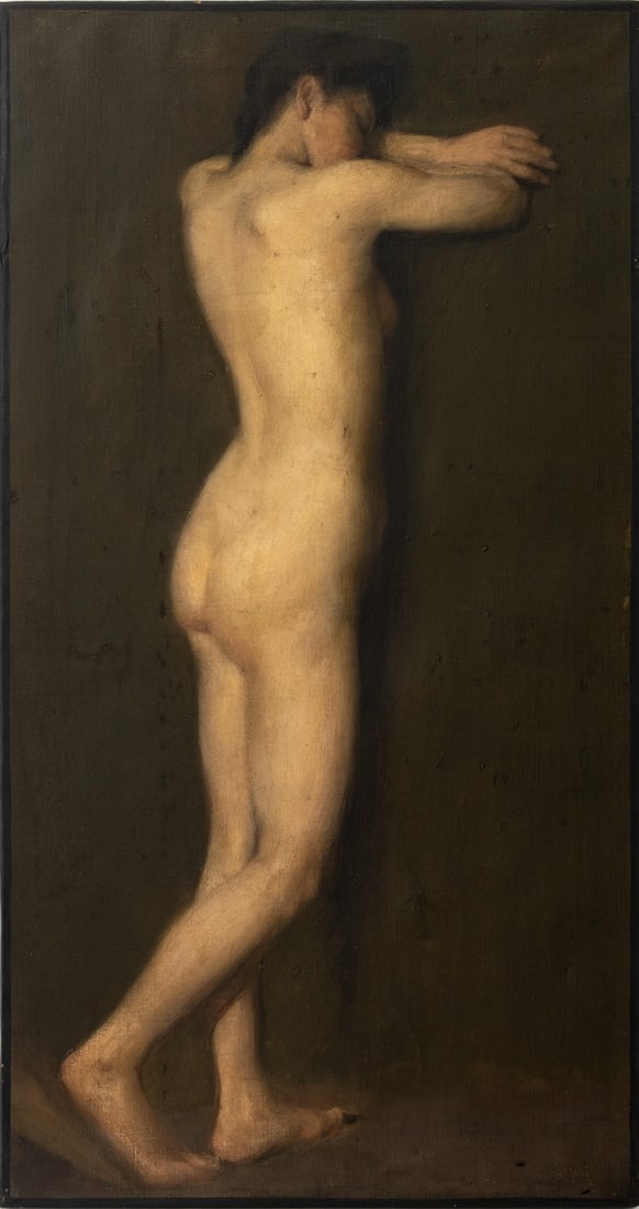 Eva Springer Standing Female Nude Oil on Canvas: Eva Springer (American, 1882-1964), Standing Female Nude, Oil on Canvas, circa 1903, depicting nude woman leaning against wall, with label reading "Eva Springer c. 1903 / Instr. William H. Foote / bec