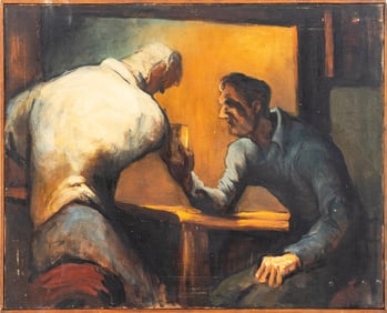 Signed Two Men at the Bar Oil on Canvas