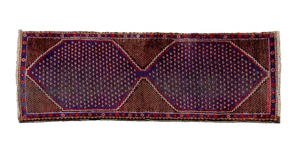 Persian Afshar Runner, 10' 5" x 3' 7.5": Persian Afshar Runner Rug, with geometric design in red and indigo. 10' 5" L x 3' 7.5" W. Provenance: From a 225 West 86th Street, New York City Estate. Keywords: Runner rug, Carpets, Floor coverings,