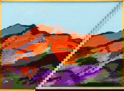 David Porter "Mountain Magic" Acrylic, 1991: David Porter (American, 1912-2005), "Mountain Magic", Acrylic on Canvas, 1991, signed, titled, and dated to verso, gold-tone metal frame. Image: 10.5" H x 14.5" W; frame: 11.25" H x 15.5" W x 1" D. Pr