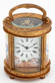 French Porcelain & Brass Diminutive Carriage Clock