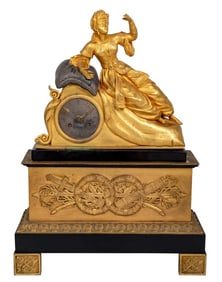 French Empire Gilt Metal and Marble Figural Clock