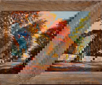American School Town Landscape Oil on Canvas