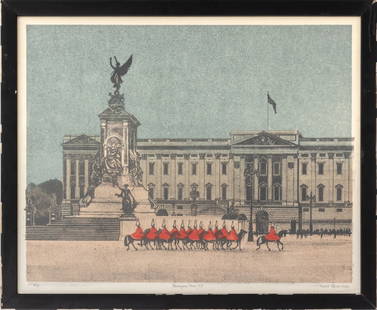 Robert Tavener "Buckingham Palace No. 3" Linocut: Robert Tavener (English, 1920-2004), "Buckingham Palace No. 3", Linocut Print in Colors, signed in pencil lower right, titled lower center, numbered edition "37 / 50" lower left, ebonized wood frame.