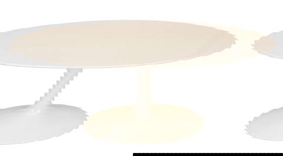 Eero Saarinen Style Oval Tulip Table: Eero Saarinen Style Oval Tulip Table, on round patinated aluminum pedestal base, apparently unmarked. 30" H x 78.5" W x 47.5" D. Provenance: From a Cobble Hill, Brooklyn Collection. Keywords: Vintage